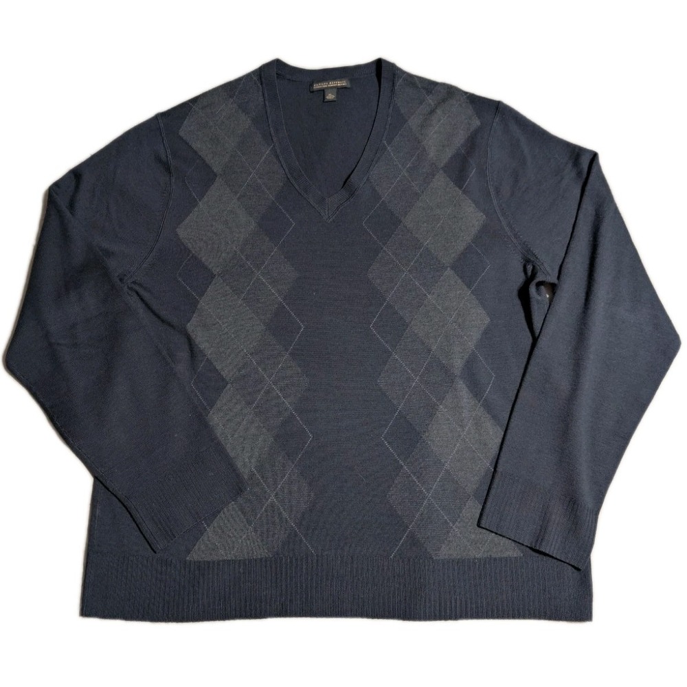 Banana Republic Extra Fine Merino Sweater Mens XL Navy‎ Argyle V Neck